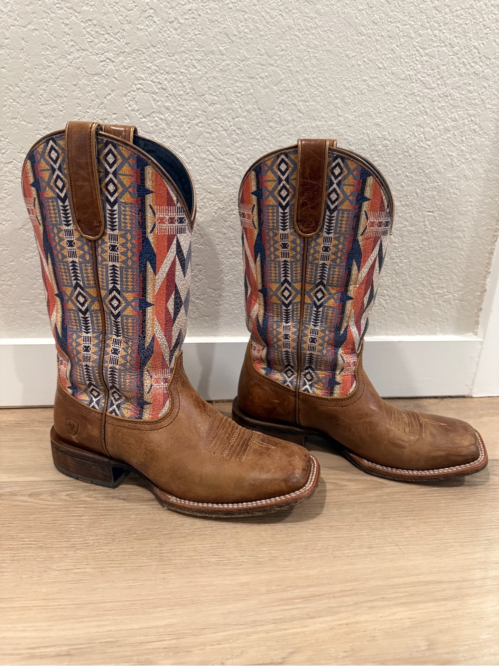 Ariat Brown Leather Cowboy Boots with Multicolor Aztec Shaft